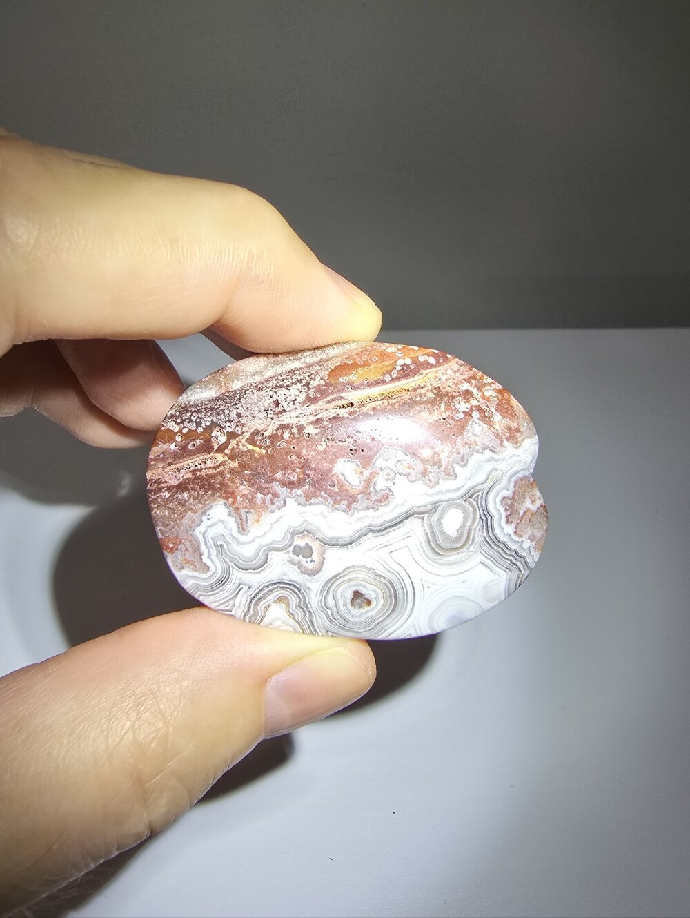 Ocean Jasper Palm Stone - White and Rust Brown Banding